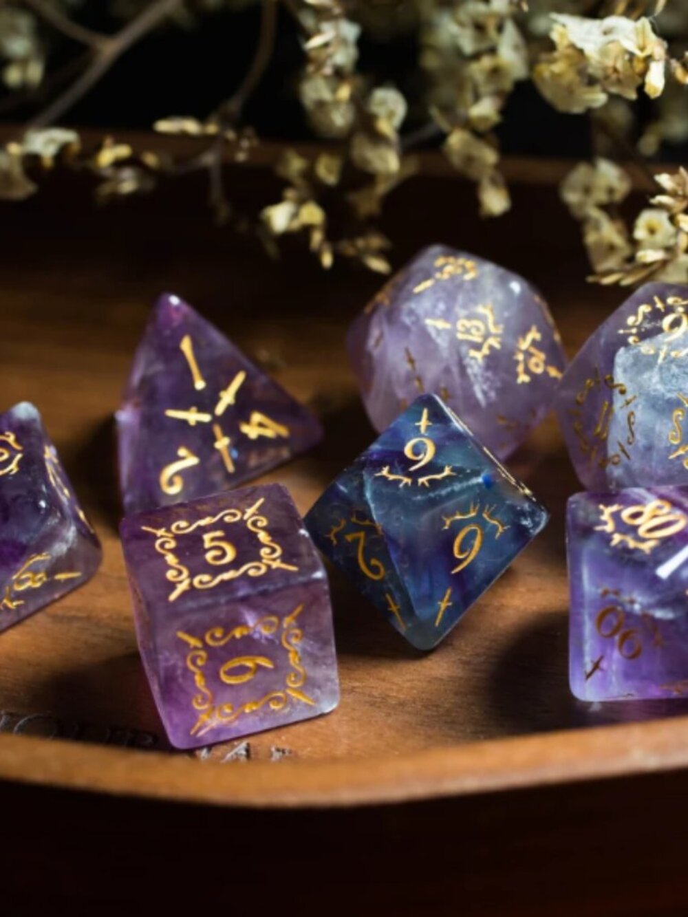 URWizards - Purple Fluorite Gemstone Engraved Dice Set Dagger Rogue Style